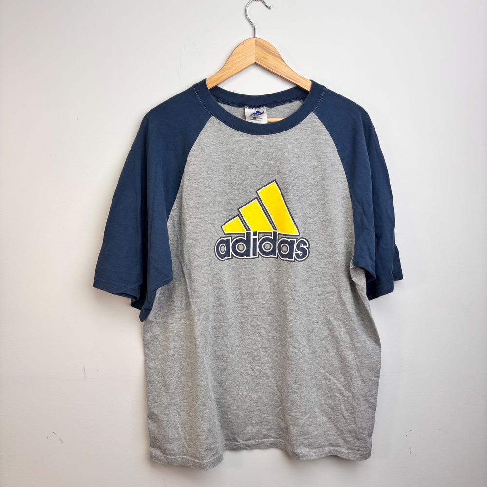 Vintage 90s Adidas Raglan T Shirt Gray Navy Yellow Logo Made USA Large